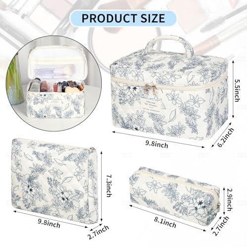 senbowe Floral Makeup Bag, 3 Pack Large Cotton Quilted Makeup Bag Set, Cute Floral Coquette Aesthetic Toiletry Bag Make Up Cosmetic Bag for Women, Toiletry Travel Make Up Organizer Bag - color: Dark Blue Flower