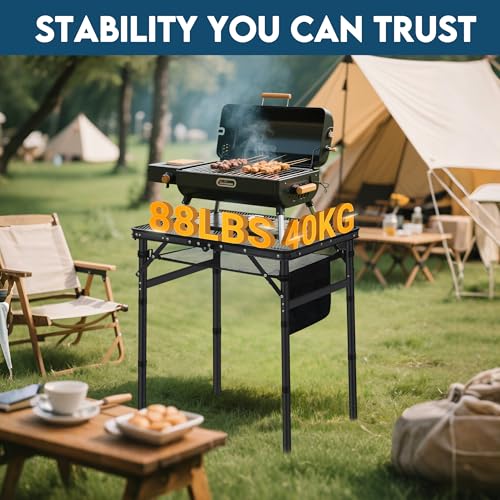 LOFTEY Small Folding Grill Table, Portable Picnic Table for Camping Outdoor Cooking BBQ, 3 Heights Adjustable Grill Stand with Mesh Bag, Easy for Storage, 23.6" L* 15.75" W * 27.7" H, Black