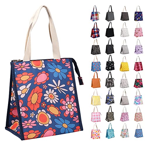 iknoe Insulated Lunch Bag for Women & Adults, 9L Foldable Wide-Open Cooler Bag with Pockets, Leakproof & Portable, for Picnic, Office, Beach(Blue flower) - color: Blue flowers, size: Zipper Closure