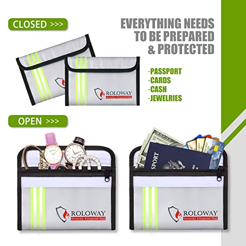 ROLOWAY Small Fireproof Bag (5 x 8 inches) with Reflective Strip, Non-itchy Fireproof Money Bag for Cash, Valuables, Passport, Currency & Keys (2-Pack Silver) - size: 8 x 5 inch, style: Silver With Reflective Strip