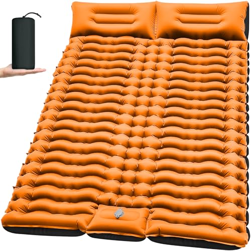 Yuzonc Double Sleeping Pad for Camping, 4" Extra Thick Self-Inflating Air Mattress - 2 Person Inflatable Camping Mat with Built-in Foot Pump & Pillow, Backpacking Hiking Tent Travel-Orange - color: Orange-1