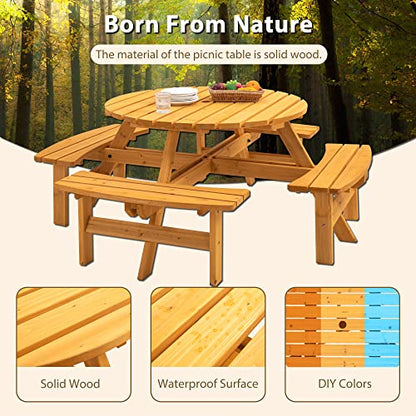 Round 8 Person Wooden Picnic Table Sets Outdoor Camping Dining Table with Seat Garden DIY w/4 Built-in Benches 2220lb Capacity - Natural - color: Natural-8-round
