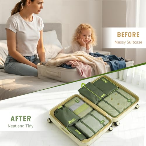 8-Piece Expandable Packing Cubes Set, Manual Zip Compression Travel Organizer with Hanging Toiletry Bag, Water Resistant Thick Fabric Clothing Storage Pouches for Carry-On & Checked Luggage (Green)