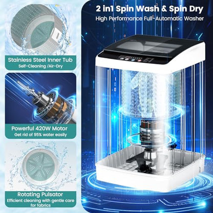 Auertech 35 lbs Washing Machine, Fully Automatic Portable Washer with LED Display, 12 Wash Cycles, 8 Water Levels, Large Capacity Washer and Spin Dryer Combo with Drain Pump for Apartment, Home - size: 35 lbs