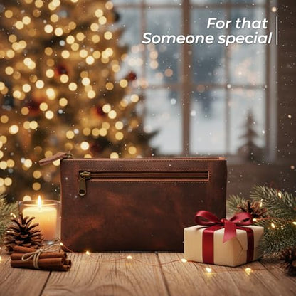 WANDERINGS Genuine Leather Pencil Pouch Case 9" x 5.25" - Hand Crafted Brown Leather Zipper Pouch - Slim Pencil Case Holder for Men and Women - Pencil Bag for Artists Students Professionals - size: Regular (9"x5.25")
