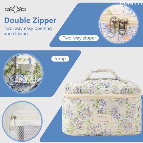 honitty Makeup Bag,Quilted Cosmetic Bags,Large Floral Make Up Organize bag,Makeup Bag Set for Women,Flower Travel Toiletry Bag - color: Blue-Flower