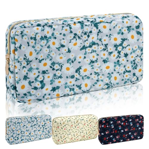 Iqimott Nylon Small Makeup Bag Cosmetic Zipper Pouch, Cute Floral Preppy Cosmetic Bag Make Up Pouch Purse, Waterproof Travel Toiletry Bag Coin Purse Storage Organizer Bag for Women Girls(Green Daisy) - color: Green-Daisy, size: Small