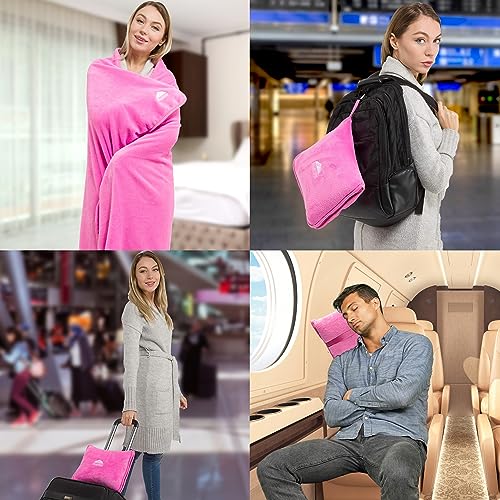 BlueHills Premium Soft Travel Blanket Pillow Airplane Blanket Packed in Soft Bag Pillowcase with Hand Luggage Belt and Backpack Clip, Compact Pack Large 2 in 1 Combo for Any Travel (Pink T004) - color: Pink-1pk-t004