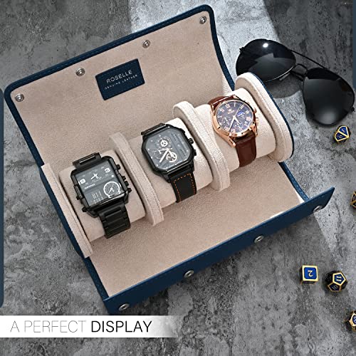 ROSELLE Genuine Leather Watch Roll Travel Case - Watch Roll Case For 3 Watches With Luxury Lining - Protect, Travel,Store, & Display Fine Watches (3 slot Blue) - color: Blue / White-3