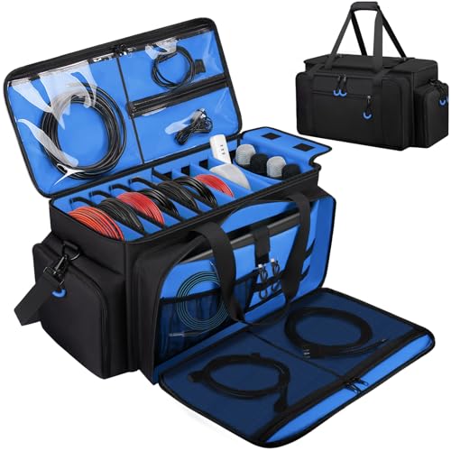 Large Dj Cable Bag with Laptop and Microphone Pocket, Dj Bag for Equipment and Music Accessories with Detachable Dividers, Bottom Pad, Dj Gig Bags for Musicians, Professional, Travel, Blue - color: Blue, style: Dj Cable Bag