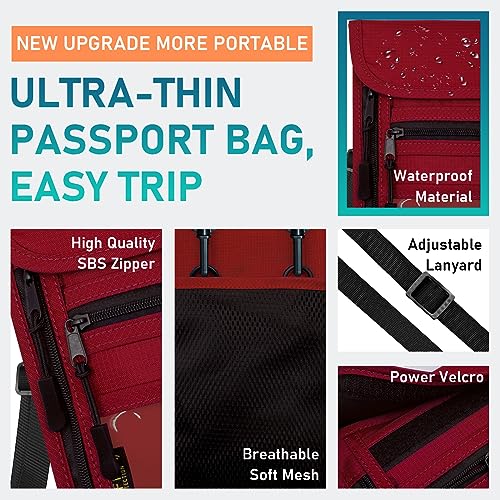 sundee Travel Neck Wallet with Double Zippers, RFID Blocking Passport Holder with Adjustable Neck Strap for Men and Women to Keep Cash, Credit Cards and Travel Documents Safe - Red - color: Red