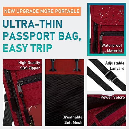 sundee Travel Neck Wallet with Double Zippers, RFID Blocking Passport Holder with Adjustable Neck Strap for Men and Women to Keep Cash, Credit Cards and Travel Documents Safe - Red - color: Red