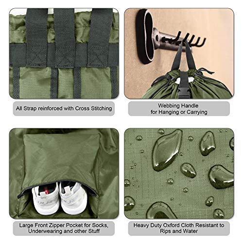 BeeGreen Moss Green Laundry Backpack Bag w Adjustable Shoulder Straps String Closure College Dorm Room Essentials Sturdy Laundry Hamper Portable w Handle XLarge Ripstop for Traveling - color: Moss Green, style: With Front Zipper Pocket