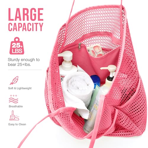 KPX Beach Bag with Mini Pocket, Summer Beach Tote Bags for Women Large Foldable Mesh Swimming Pool Travel Bags - Sandproof - color: Rose