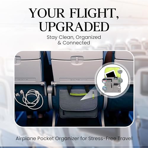 SO~MINE Airplane Pocket Organizer | Tray Table Cover | In Flight Seat Back Organizer Bag | Commuter Essential Travel Bag | Media Pouch For Flying | Travel Gift | Attaches To Luggage - color: Ash and Lime