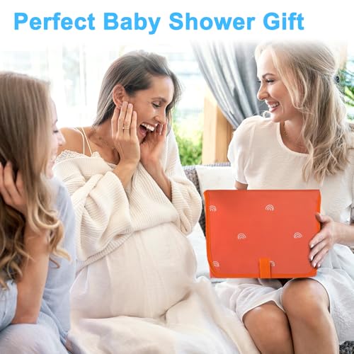 Baby Portable Changing Pad Travel - Waterproof Compact Diaper Changing Mat with Built-in Pillow - Lightweight & Foldable Baby Diaper Changer, Newborn Shower Gifts - color: Orange-Rainbow