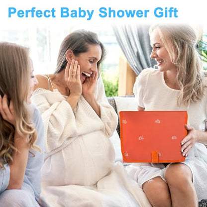 Baby Portable Changing Pad Travel - Waterproof Compact Diaper Changing Mat with Built-in Pillow - Lightweight & Foldable Baby Diaper Changer, Newborn Shower Gifts - color: Orange-Rainbow