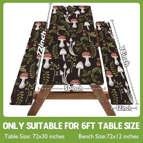 Picnic Table Cover with Bench Covers Waterproof Elastic Rectangle Furniture Fitted Table Cloth Tablecloth Glamping Camp Camper Camping Essentials Outdoor Road Trip Rv Car Travel Vacation Canping Gear - color: Black Green Mushrooms, size: 72in