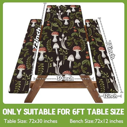 Picnic Table Cover with Bench Covers Waterproof Elastic Rectangle Furniture Fitted Table Cloth Tablecloth Glamping Camp Camper Camping Essentials Outdoor Road Trip Rv Car Travel Vacation Canping Gear - color: Black Green Mushrooms, size: 72in