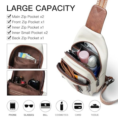 LATMAP 7L Sling Bag for Women Men Leather Small Sling Backpack Daypack Anti Theft Fanny Pack Crossbody Purse Travel - color: Regular Size-beige