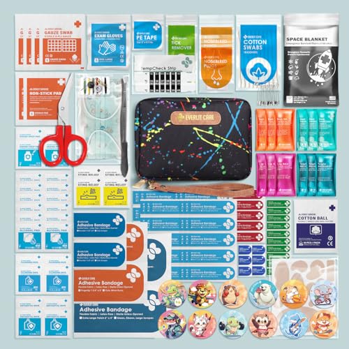 EVERLIT Care Rescue Pack | Family-Friendly First Aid Kit for Kids with 200 Pcs Medical Supplies | Travel-Friendly Compact Storage Bag for Home, Car, Travel, Camping, Adventure (Splatter) - color: Splatter