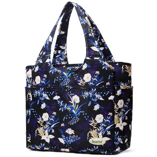 Extra Large Insulated Lunch Tote Bag for Women Men, Leakproof Cooler Lunch Box Shoulder Purse with Side Pockets for Work - Blue Flower - color: Blue flower