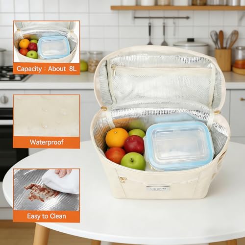 Voova Lunch Bag for Women, Insulated Lunch Box with Shoulder Strap, Adult Reusable Lightweight Nylon Waterproof Lunchbox Lunch bags for Work, Beige - color: Beige