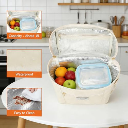 Voova Lunch Bag for Women, Insulated Lunch Box with Shoulder Strap, Adult Reusable Lightweight Nylon Waterproof Lunchbox Lunch bags for Work, Beige - color: Beige
