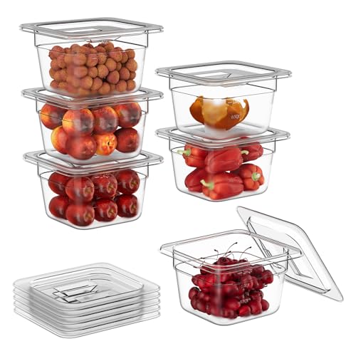 1/6 4" 6 Pack Plastic Food Pans With Lids, Clear Food Pan, Commercial Stackable Polycarbonate Freezer-Safe for Fruits Vegetables Restaurant Kitchen - color: 1/6 4"6 Pack