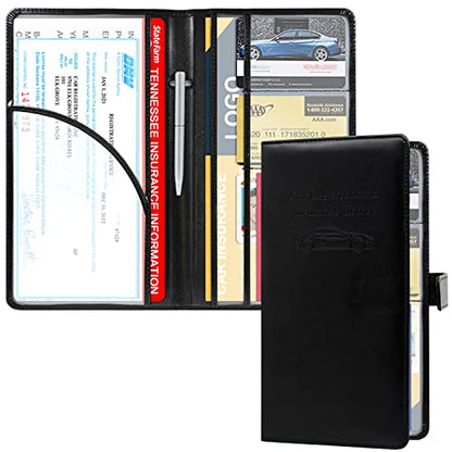 RSAquar Car Registration and Insurance Holder, Leather Car Glove Box Organizer, Cool Car Accessories for ID, Driver's License Cards & Essential Document, Men&Women, Black - color: Black