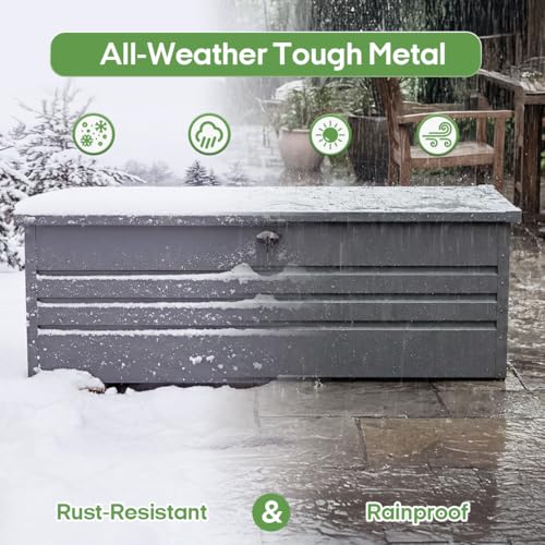 260 Gallon Metal Outdoor Deck Box, Waterproof Extra Large Patio Storage Box with Lockable Lid for Cushions, Pool Accessories, Garden Tools (Light Gray)