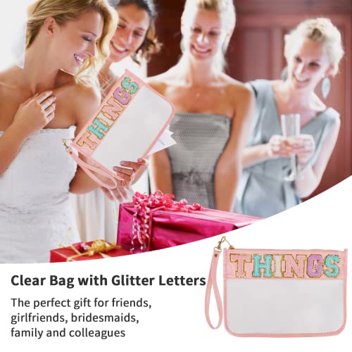 Iqimott Monogram Letter Clear Bag Purse, Chenille Glitter Letter Makeup Cosmetic Bag Patch Zipper Toiletry Pouch, Portable Travel Beach Snack Wristlet Bag for Women Girls(Things, Pink) - color: Things-Pink