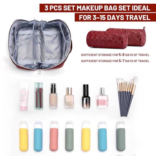 BOYATU Travel Makeup Bag Organizer: 3 Pcs Set Large Capacity Cosmetic Bags Holds 10–20 100ml Full-Size Bottles - 180°Open-Flat Make up Case 3-sec touch-up - Toiletry Bag Gift women (03-A-Red) - color: 01-F-Red