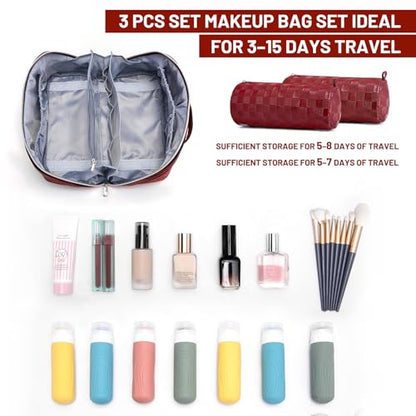BOYATU Travel Makeup Bag Organizer: 3 Pcs Set Large Capacity Cosmetic Bags Holds 10–20 100ml Full-Size Bottles - 180°Open-Flat Make up Case 3-sec touch-up - Toiletry Bag Gift women (03-A-Red) - color: 01-F-Red