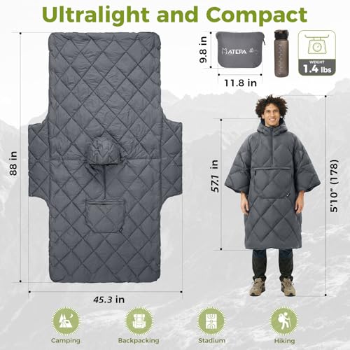 ATEPA Wearable Sleeping Bag Blanket Poncho, Recycled Water-Resistant Camping Poncho, Stadium Blanket for Outdoor Sports - color: Grey