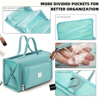 ROYALFAIR Roll Up Makeup Bag, Waterproof Toiletry Bag for Women, Hanging Travel Organizer with Jewelry Organizer Compartment, Extra Large 4 Clear TSA Approved (light blue) - color: Blue