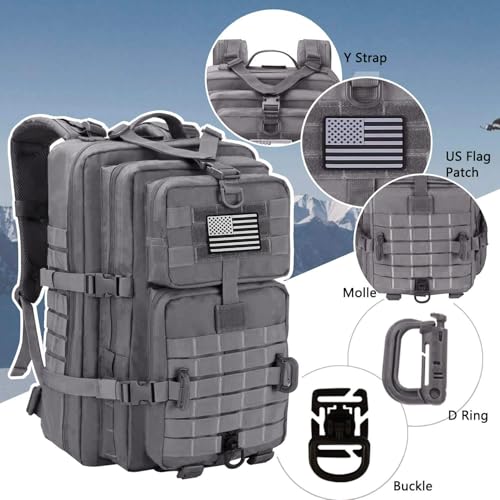 Hannibal Tactical MOLLE Assault Backpack, Tactical Backpack Military Army Camping Rucksack, 3-Day Pack Trip w/USA Flag Patch, D-Rings, Grey - color: Grey