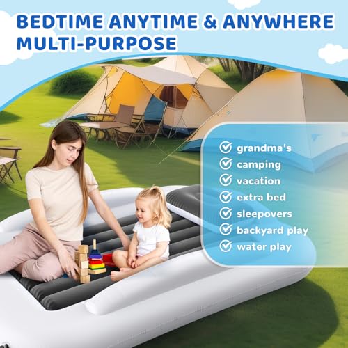 Inflatable Toddler Travel Bed - 60 Inches Portable Toddler Bed for Travel with Safety Sides - Cozy Kids Air Mattress Set with High-Speed Pump & Carry Case - Lightweight & Easy to Inflate -Grey - color: Grey