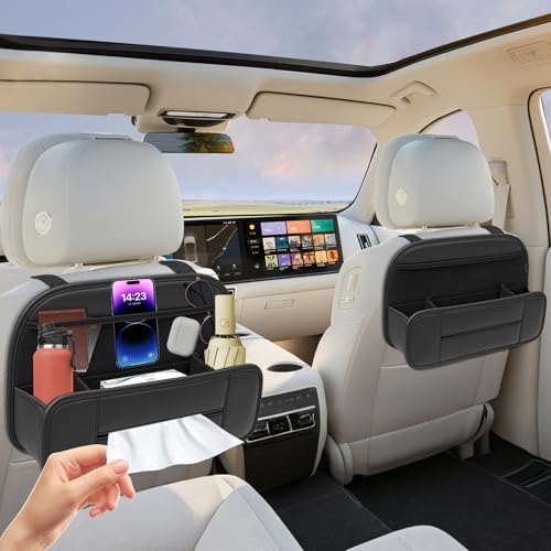 FLORICH Hanging Car Backseat Organizer, 5-in-1 Premium Leather Headrest Seat Back Storage with Cup Holder, Foldable Hanging Car Tissue Holder 2 Pack - color: H-Car Organizer with Tissue Holder-Black-2Pack