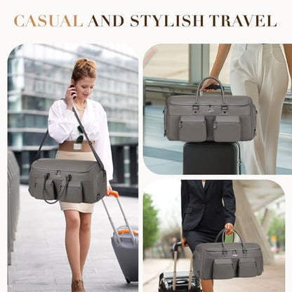 Suit Bag Travel,Vessgra 2 in 1 Leather Duffle Bags for Men 56L Duffel Bags for Traveling PU Leather Garment Bag with Shoe Compartment,Travel Carry on Bag Weekender Bussiness Wedding,Grey - color: Grey