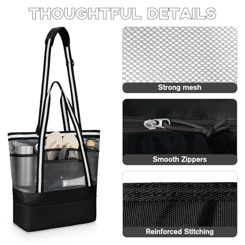 WOOMADA Beach Tote Bag With Cooler, Large Mesh Beach Bags for Women with Wet Pocket, Pool, Swim, Travel Essentials - color: Black White