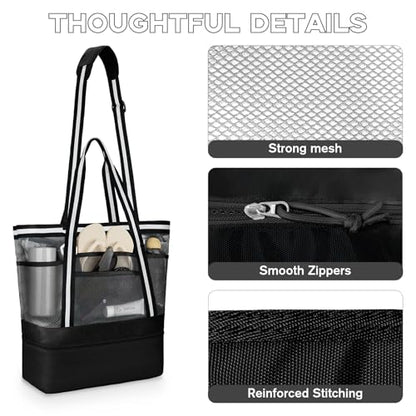 WOOMADA Beach Tote Bag With Cooler, Large Mesh Beach Bags for Women with Wet Pocket, Pool, Swim, Travel Essentials - color: Black White