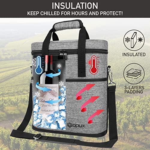 opux 3 Bottle Wine Carrier Tote, Insulated Leakproof Wine Cooler Bag, Wine Travel Bag Tote for Picnic BYOB Beach, Portable Wine Bottle Carrying Case, Gift for Wine Lover Women Men Christmas, Grey - color: Heather Gray