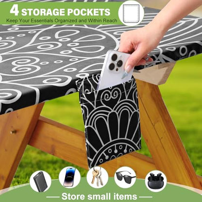 Picnic Table Cover with Bench Covers Vinyl Elastic Edges Fitted Rectangle Tables Seat Waterproof 3-Piece 96X30in Set Outdoor Rectangular Folding Backing Tablecloth Camping Over Size BlackMandala - color: Black Mandala, size: 96in