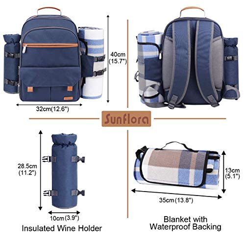Sunflora Picnic Backpack for 4 Person Set Pack with Insulated Waterproof Pouch for Family Outdoor Camping (Navy Blue) - color: Navy Blue, size: 4 person