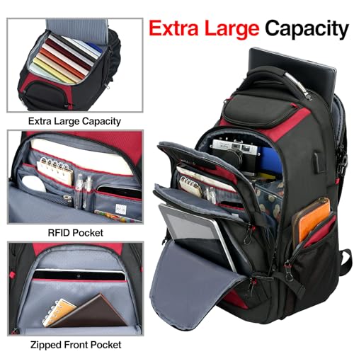 KROSER Travel Laptop Backpack 17.3 Inch XL Computer Backpack with Hard Shell Saferoom RFID Pockets Water-Repellent Business College Daypack Stylish Bag for Men/Women-Black Red - color: Black/Red-17.3, size: 17.3 inch