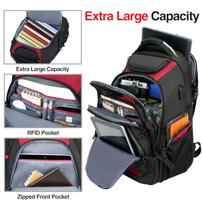 KROSER Travel Laptop Backpack 17.3 Inch XL Computer Backpack with Hard Shell Saferoom RFID Pockets Water-Repellent Business College Daypack Stylish Bag for Men/Women-Black Red - color: Black/Red-17.3, size: 17.3 inch