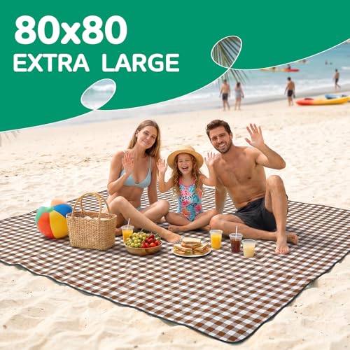 Waterproof Beach Blanket Picnic Outdoor Camp Mat Rug Towel Family Trip Essentials Summer Vacation Must Have Travel Accessories Lake Day Necessities Stuff Thing Need Gear Gift Supplies Item Gadget 2026 - color: Plaid Beige