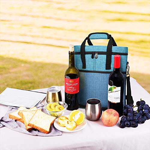 Tirrinia Insulated Wine Gift carrier - 3 Bottle Travel Padded Wine Carry Cooler Tote Bag with Handle and Adjustable Shoulder Strap, Blue - color: Blue