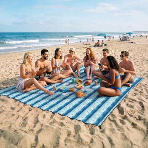 OIGAE Oversized Beach Blanket, 9×10 ft Sand-Free Outdoor Mat for Groups, Quick-Dry Picnic Blanket with Stakes & Corner Pockets, Drift Bottle - color: Drift Bottle, size: 9x10 Ft (2～8 person)